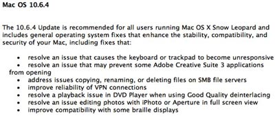 Changelog zum angeblichen Update auf Mac OSX 10.6.4
